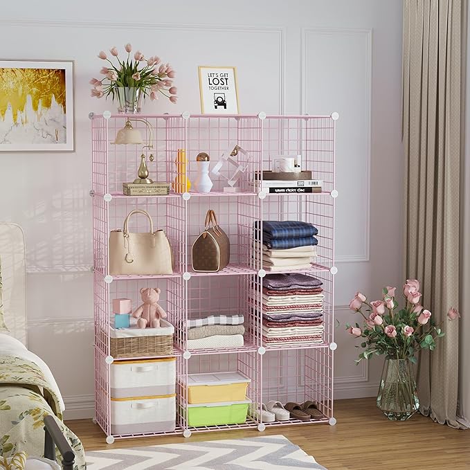 C&AHOME Wire Cube Storage, 12 - Cube Organizer Metal C Grids, Modular Shelves Units, Closet Organizer, Ideal for Home, Office, Living Room, 36.6”L x 12.4”W 48.4”H, Pink UWCS3012P