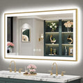 50x30 Gold LED Bathroom Mirror with Lights, Brushed Gold Framed Backlit and Front Lit Anti-Fog Lighted Vanity Mirrors for Bathroom Wall, Dimmable, 3 Colors, Memory, HD Tempered Glass, CRI＞90