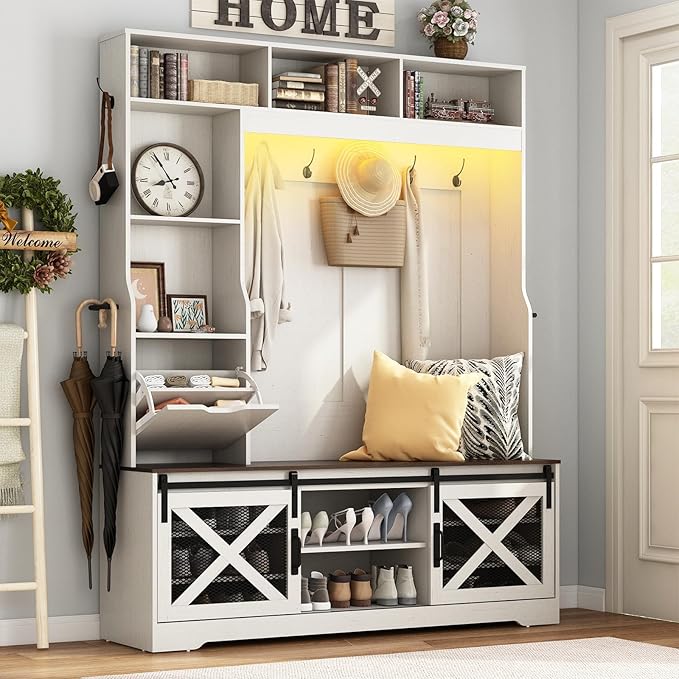 75''H LED Farmhouse Hall Tree with Bench and Shoe,Entryway Bench with Coat Rack,16 Shoe Cubbies & Umbrella Holder and Sock Storage Drawer,Mudroom/Hallway Storages Cabinet(White)