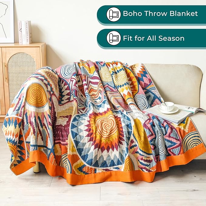 King Throw Blanket for Bed 100% Cotton Boho Oversized Soft Cozy Muslin Quilt Blanket Double Embroider Sun, Vintage Farmhouse Cottage Woven All Season Blankets for Bedding Couch,90"×98"