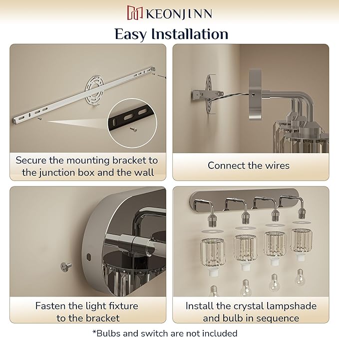 Keonjinn 5-Light Bathroom Light Fixtures, Crystal Chrome Bathroom Vanity Lights Over Mirror, Vanity Lighting Fixtures with Crystal Square Shades (E26 Socket, Exclude Bulb)