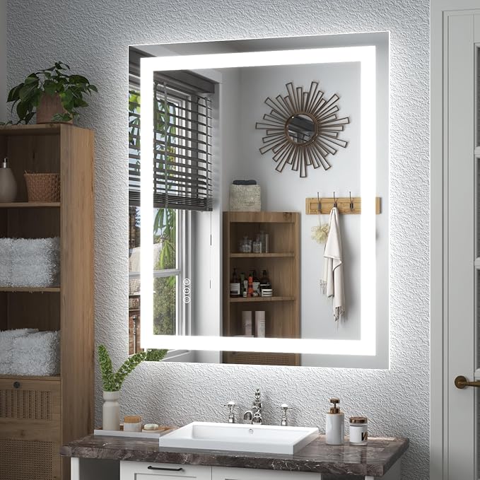 32x36 Lighted Mirror for Bathroom Wall, Smart Illuminated Vanity Mirror with Lights, Dimmable, Anti-Fog (Front Lights + Backlit)