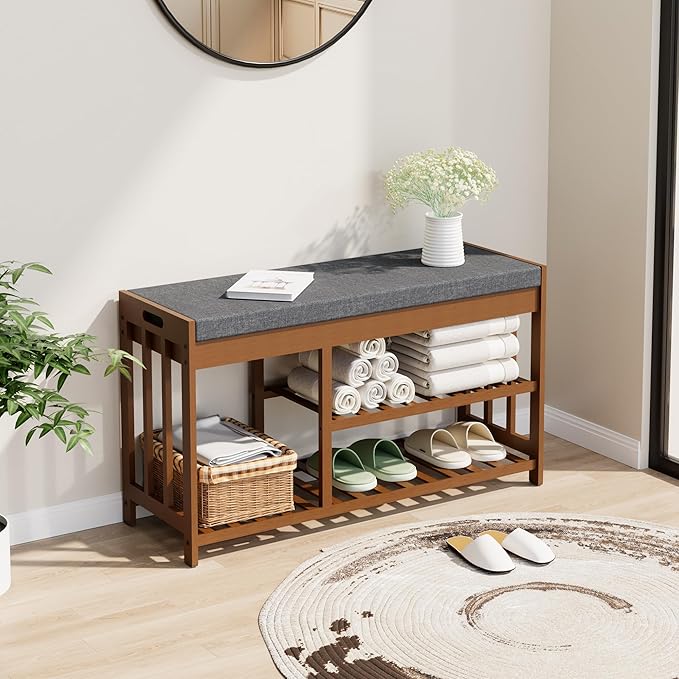 Shoe Rack Bench with Cushion,2 Tiers Shoe Bench with Flip-Top Storage,Wood Shoe Rack for Entryway, Hallway, Bedroom, Front Door Entrance (Brown)