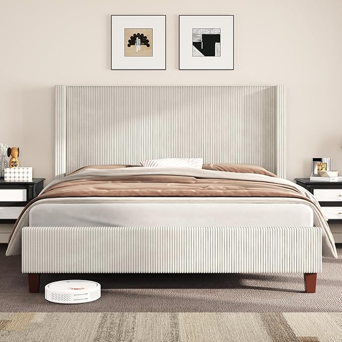 AMERLIFE California King Size Upholstered Bed Frame with 50.8" Tall Headboard, Wingback Platform Bed with Solid Wood Legs, Wooden Slats, Corduroy/No Box Spring Needed/Noise Free/Cream
