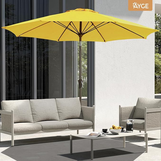 Ayge 9FT Large Outdoor Patio Umbrella Market Table Umbrella-UV Resistant, Easy Push Button Tilt and Crank, 8 Sturdy Fiberglass Ribs Heavy-Duty Pool Umbrella for Deck, Backyard,Garden,Yellow