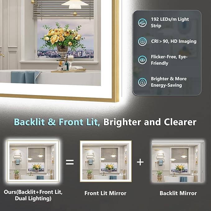 48x36 Gold LED Bathroom Mirror with Lights, Brushed Gold Framed Backlit and Front Lit Anti-Fog Lighted Vanity Mirrors for Bathroom Wall, Dimmable, 3 Colors, Memory, HD Tempered Glass, CRI＞90