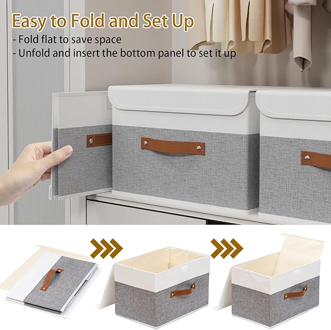 Yawinhe Storage Bins with Lids, Fabric Foldable Boxes, Washable and Leather Handle, Cube Organizer Basket for Home, Closet, White/Grey, 17.7''Lx11.8''Wx11.8''H, 5-Pack, USNK024WGX-5