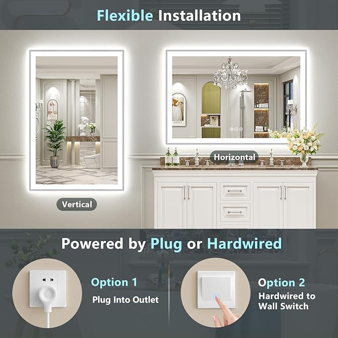 66x36 Brushed Nickel LED Bathroom Mirror with Lights, Sliver Framed Backlit and Front Lit Anti-Fog Lighted Vanity Mirrors for Bathroom Wall, Dimmable, 3 Colors, Memory, Tempered Glass, CRI＞90