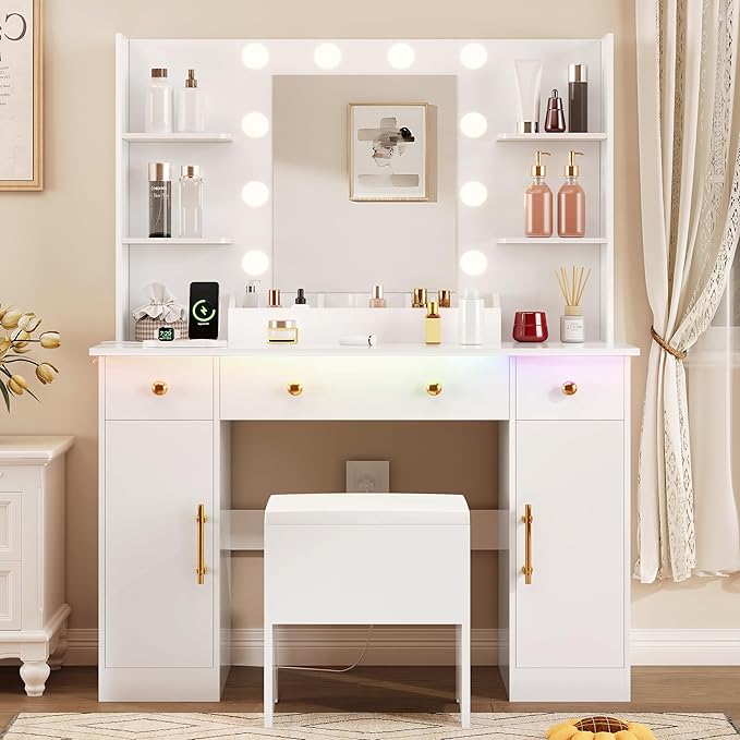 Vanity Desk with Mirror and Lights, Makeup Vanity with Charging Station & Vanity Stool, 3 Drawers and Cabinets White Vanity Mirror with RGB LED Lights Vanity Desk and Chair for Women