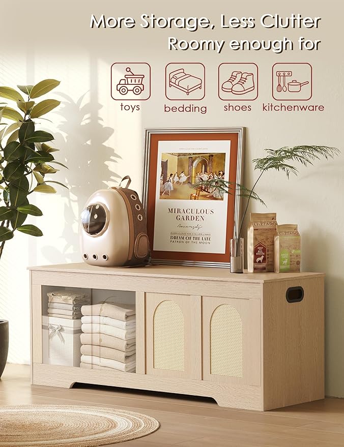 DINZI LVJ Storage Chest, 47.2" Rattan-Like Toy Box with 2 Safety Hinges, Wooden Entryway Storage Bench with Flip-Top, Large Trunk for Living Room, Bedroom, Easy Assembly, Natural
