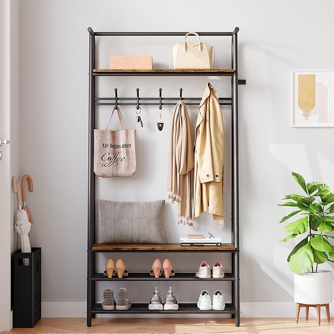 Coat Rack, Floorstanding Hall Tree with Shoe Rack, Wooden and Metal Coat Stand, Industrial Clothes Rack, for Hallway, Living Room, Bedroom, 31.5''x12.8''x71.2'', Rustic Brown