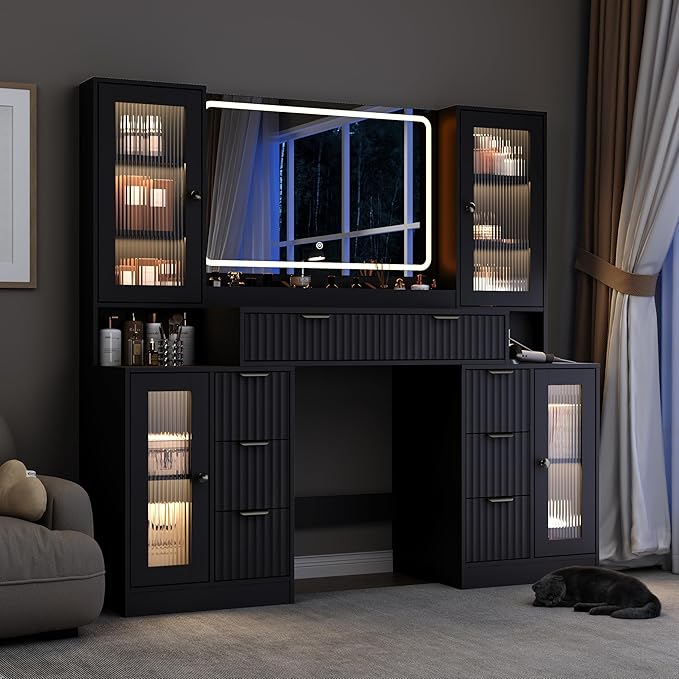 55" Vanity Desk with Mirror & Lights, Fluted Makeup Vanity with 8 Drawers & 4 Cabinets, Tempered Glass Top, RGB Cabinet Lighting, 3-Color Dimmable Mirror, and Charging Station (Matte Black)