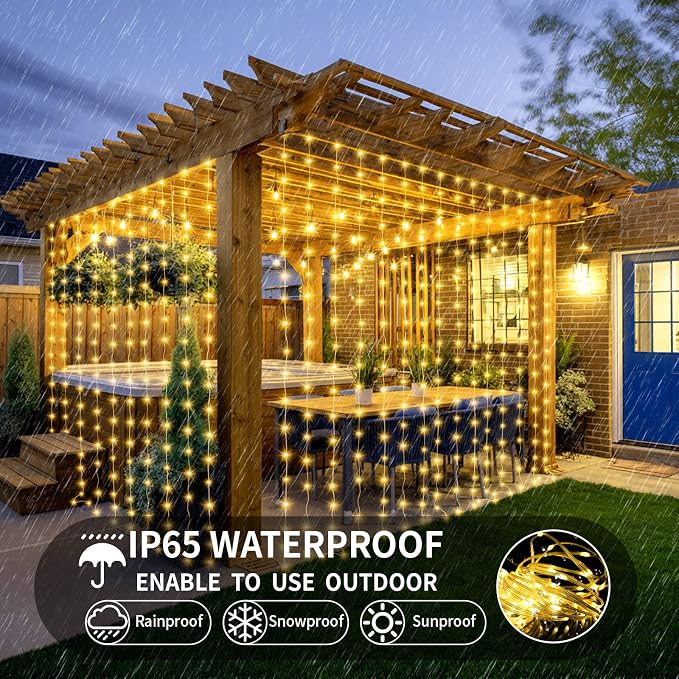 Upgraded Solar Curtain Lights 10x10Ft 300LED Solar Powered Waterfall Lights for Patio Gazebo Backdrop Wedding Party with USB Rechargeable Remote Timer Hanging Twinkle Fairy String Lights