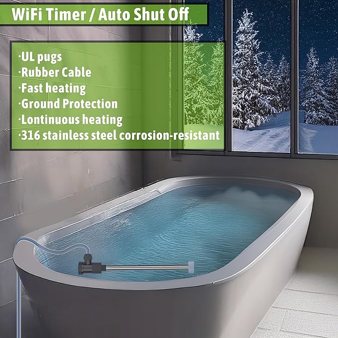 1800W Submersible Immersion Water Heater for Pool & Hot Tub – Portable Electric Heater with Wifi Timer and Auto Shut Off for Bathtub, Inflatable Pool, Above Ground Pool& baptismal pool
