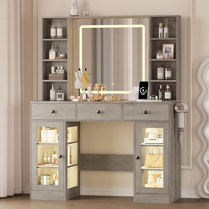 Makeup Vanity Desk with Mirror and Lights, 43" Grey Vanity with Glass Top, Jewelry Storage, 3 Drawers & Glass Cabinets, Power Outlet & Adjustable LED Lights, Dressing Table for Women & Girls Bedroom