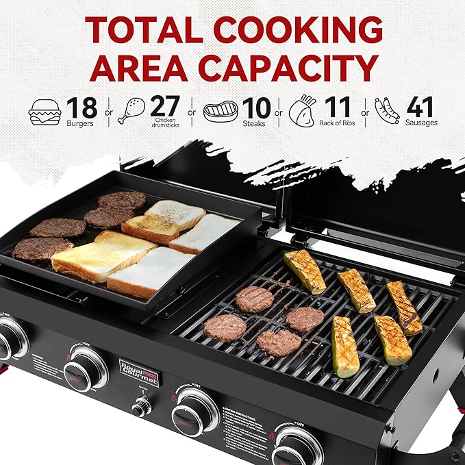 Royal Gourmet GD4002TP 4 Burner Propane Gas Grill and Griddle Combo with Hood, 2-in-1 Portable Grill Griddle Combo with 40,000 BTUs Output for Camping, Tailgating, Backyard, Black