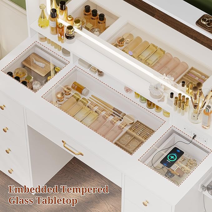 49.3“Large LED Mirror with Lights,Makeup Vanity Desk with 6 Drawers,Power Outlet,Glass Tabletop,Storage Shelf,Rolling Makeup Cart,Hairdryer Rack White