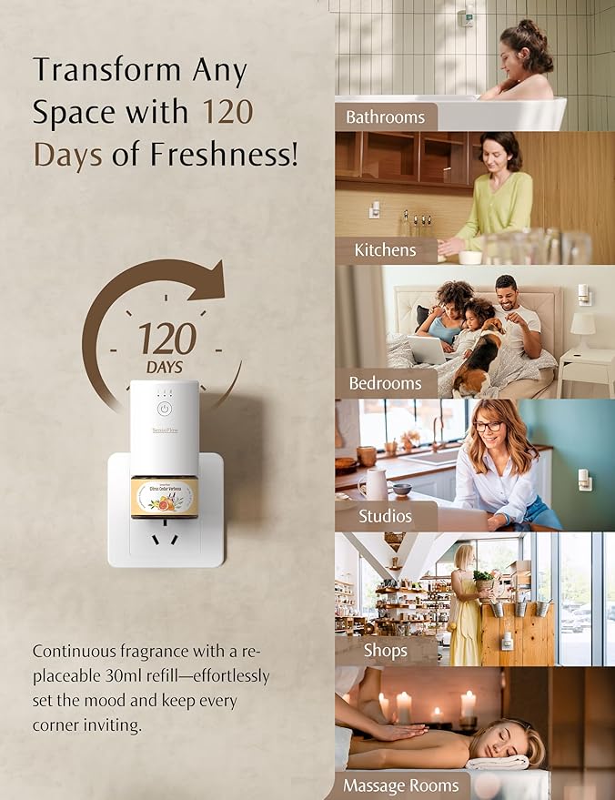 SF101 Smart Waterless Essential Oil Diffuser, Aromatherapy Diffuser for Home, Plug in Air Freshener, 120-Day Natural Aroma Mist, Covers 1000 Sq Ft – Free 30ml Peaceful Rest (Sand Beige)