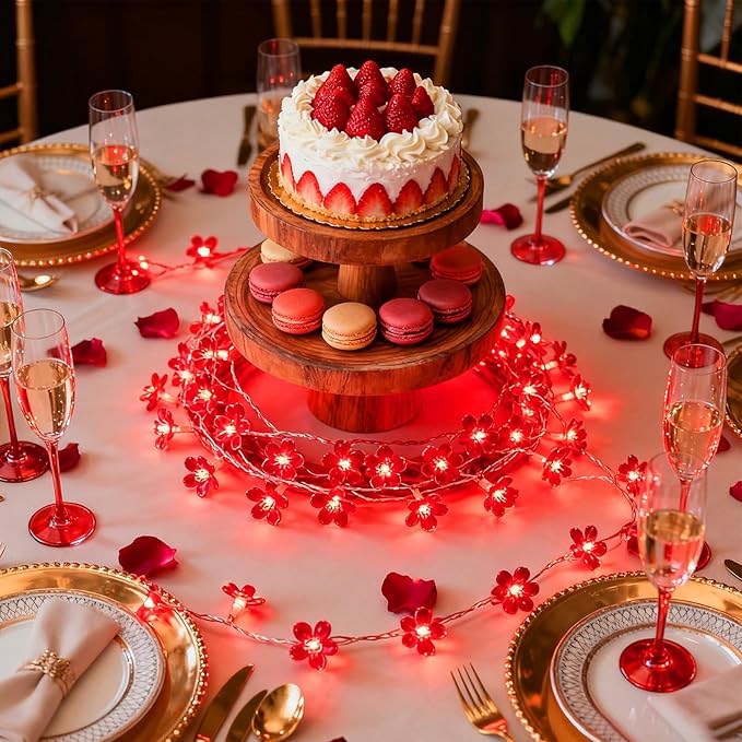 Cherry Blossom Flower String Lights, 100 led 33 feet 8 Mode Plug in Fairy Lights for Valentine's Day, Wedding, Birthday Party, Christmas Easter Tree Hanging Decorations (Red)