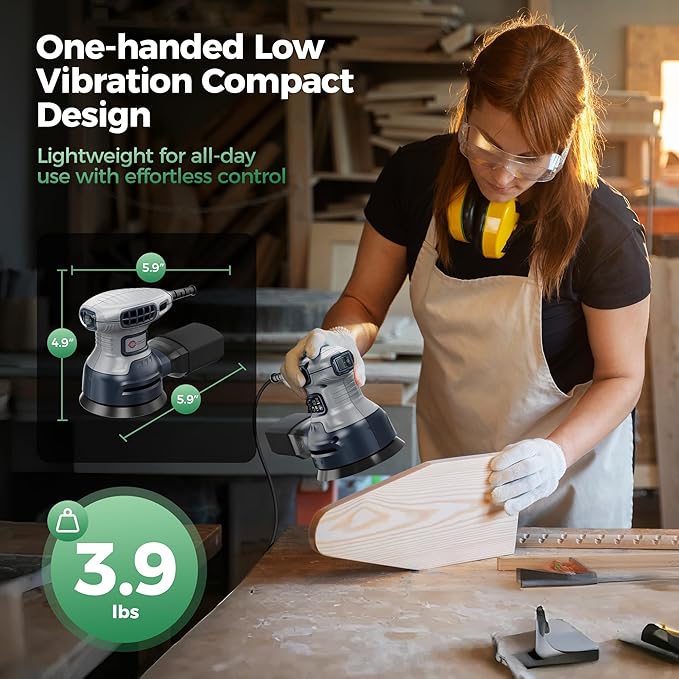 5-Inch Random Orbital Sander with Brake, 3.0AMP Electric Palm Sander 6 Variable Speed, 13000RPM Power Sander with 15pcs Sandpapers, ZeroDust & Vacuum Attach Collection System for Woodworking Sanding