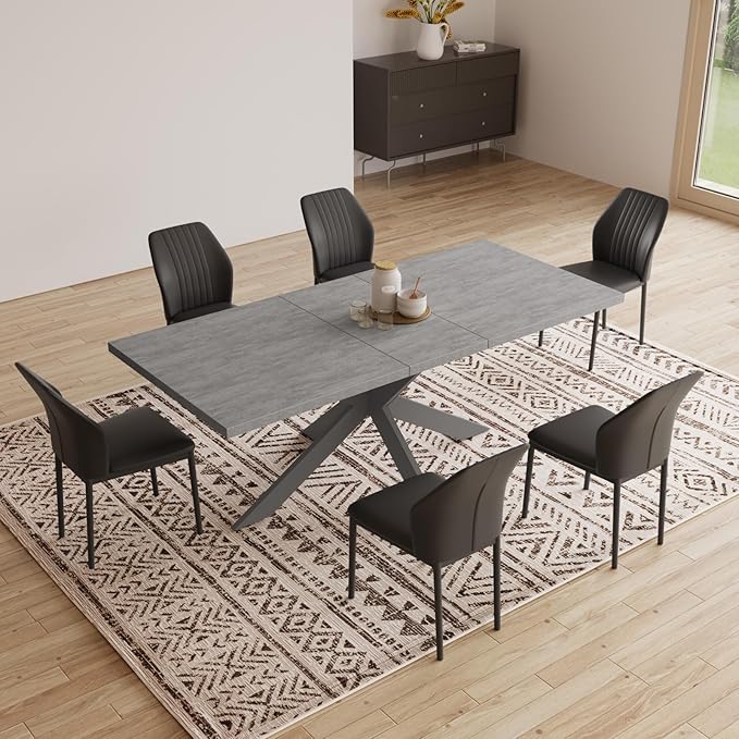 ZckyCine 6-8 Person Modern Rectangular Dining Table Set, 51-67 Inch Expandable Space-Saving Metal Frame Dining Table with Gray Table and 6 Black Chairs for Kitchen or Dining Room