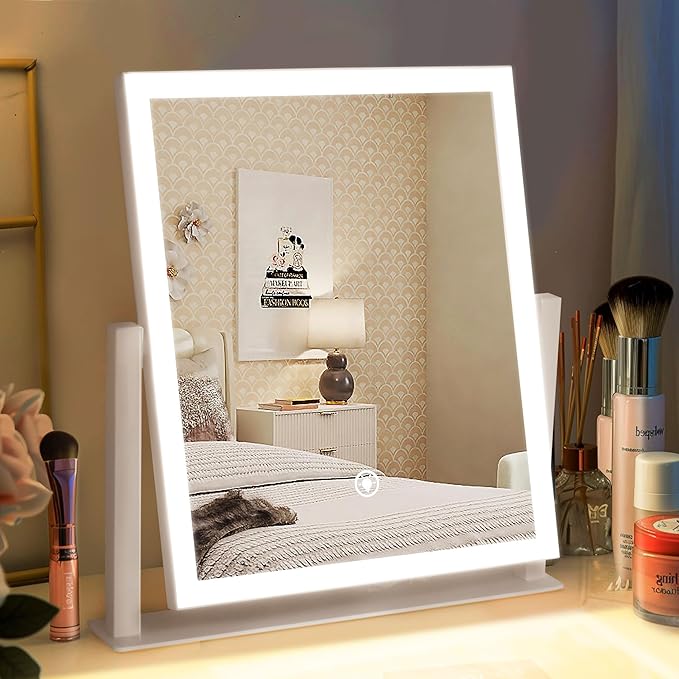 Lighted Makeup Mirror, Hollywood Vanity Mirror with Lights, Three Color Lighting Modes, Smart Touch Control, Rotation, Desk Makeup Mirror for Desks Bedroom Dorm Dressing Room (9.48"x11.81")