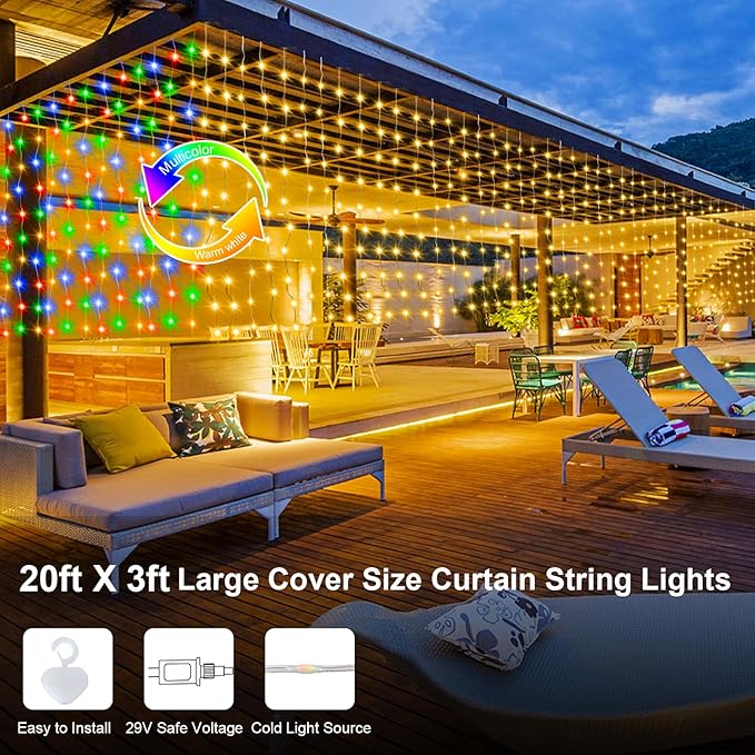 ZAIYW Curtain Lights Outdoor 20Ft×3Ft, 300 LED Color Changing Fence String Lights with Plug Remote, Waterproof Light Curtain for Stair Railing Eaves Decor (Warm White & Multicolor)