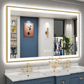 60x38 Gold LED Bathroom Mirror with Lights, Brushed Gold Framed Backlit and Front Lit Anti-Fog Lighted Vanity Mirrors for Bathroom Wall, Dimmable, 3 Colors, Memory, HD Tempered Glass, CRI＞90