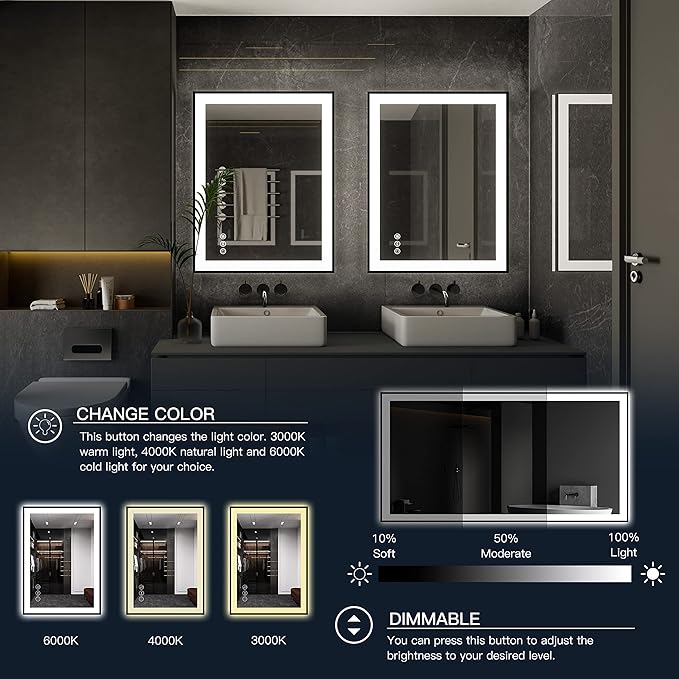 ISKM Framed LED Mirror for Bathroom 60"x38", Dimmable LED Bathroom Mirror with Lights, Anti-Fog, Front and Backlit Lighted Mirror 3-Colors, Shatterproof, Memory Function