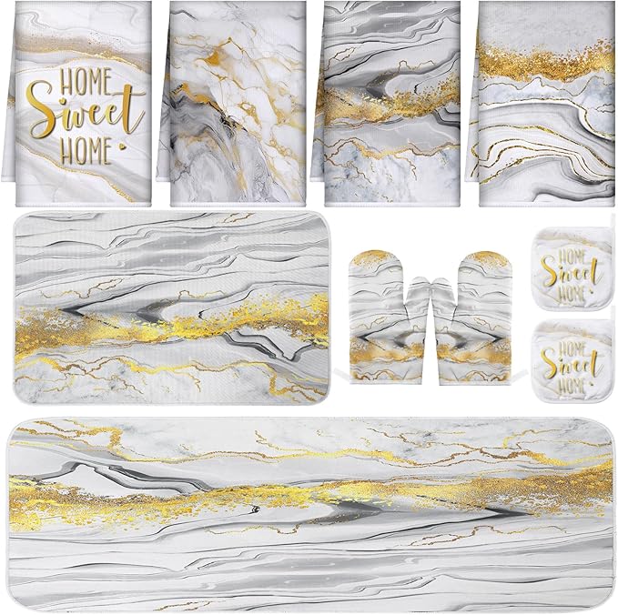 Fourluoo 10 Pcs Kitchen Dish Towels Rugs Oven Mitts and Pot Holders Kit Farmhouse Kitchen Decor Set Gloves Vintage Potholders for Baking Cooking Chef(White,Modern)