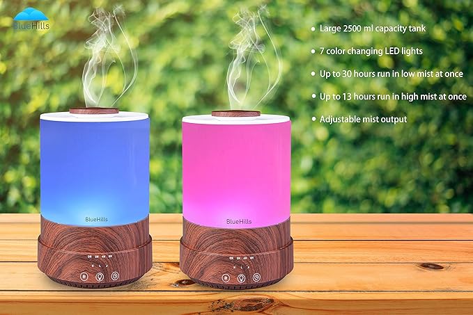 BlueHills Premium 2500 ML XL Essential Oil Diffusers - 30 Hr Run Aromatherapy Diffuser & Air Humidifier Mist for Large Room - 7 LED Colors Oil Diffuser Essential Oils for Home w/Auto Shut Off - F003