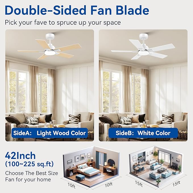 42Inch Smart Ceiling Fan with Lights Remote,APP&Voice Alexa WIFI Controled,Quiet Reversible DC Motor,Dimmable LED,Indoor Outdoor,Small Modern Ceiling Fan,for Bedroom Patio Porch,White&Light Wood
