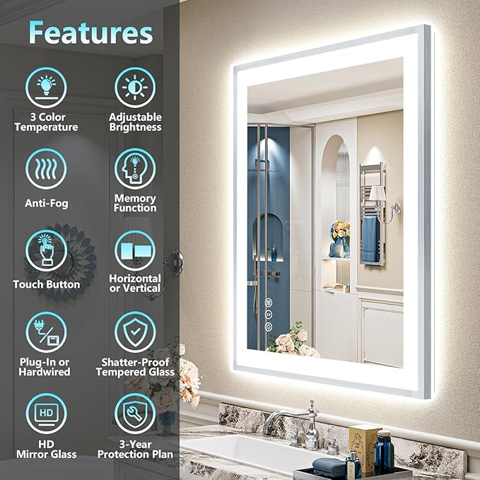 32x36 Brushed Nickel LED Bathroom Mirror with Lights, Sliver Framed Backlit and Front Lit Anti-Fog Lighted Vanity Mirrors for Bathroom Wall, Dimmable, 3 Colors, Memory, Tempered Glass, CRI＞90