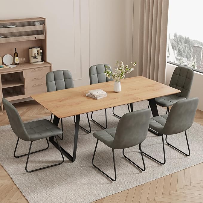 ZckyCine 7-Piece Dining Set, 63"-79" Expandable Mid-Century Modern Table with 6 Chairs, Leather Seat & Backrest, Metal Frame, Oak/Grey for Dining Room/Home