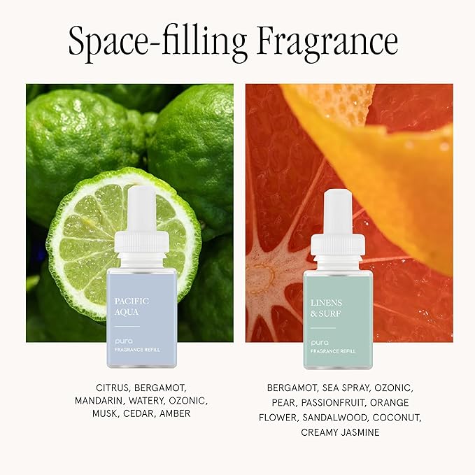 Pura - Smart Home Fragrance Device Starter Set - Pura 4 - Scent Diffuser for Home - Includes Fragrance Aroma Diffuser - Square Box, Pacific Aqua and Linens & Surf Scent Refills