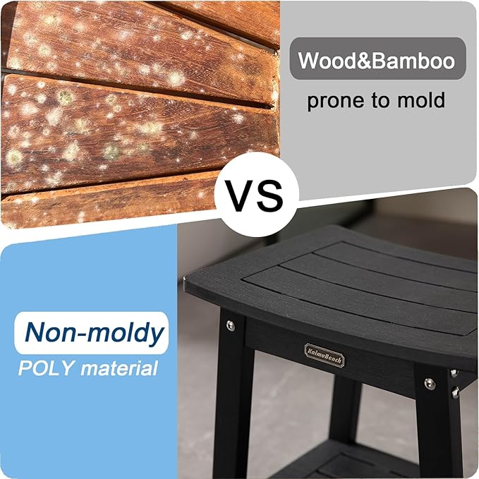 HDPS Shower Stool Waterproof, Bench Seat for Shaving Legs, Plastic Chair for Inside Shower, Foot Rest With Adjustable Feet, Non-Slip/No Maintenance, Black