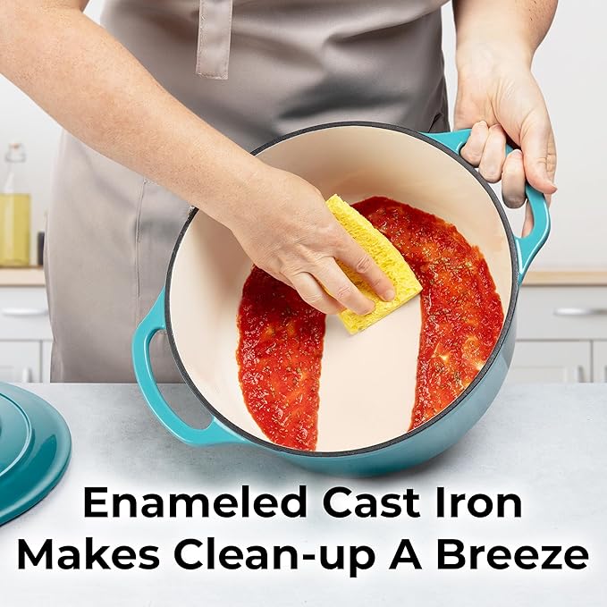 Zulay Kitchen 6 Quart Enameled Cast Iron Dutch Oven with Lid – Premium Durability & Oven Safe up to 500°F – Heavy Duty Cookware Perfect for Bread Baking, Stews, Braising & Roasting – Light Blue