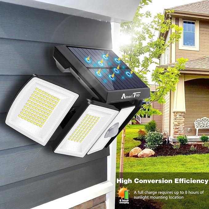 AmeriTop Solar Lights Outdoor 300 LED 7000K Motion Sensor Lights Cordless; 5 Adjustable Heads, 360° Wide Angle Illumination, IP65 Waterproof, Security LED Flood Light for Patio Yard Garden 2 Pack