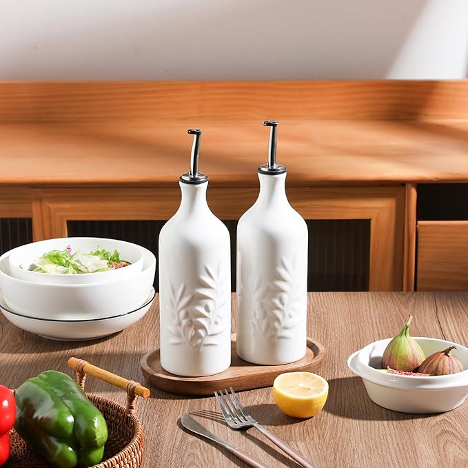 Sweejar Ceramic Olive Oil Dispenser Bottle, 20 Oz Relief Opaque Oil Cruet Protects To Reduce Oxidation, Suitable for Storage,Vinegar, Soy Sauce,Liquids,Set of 2 (White White)