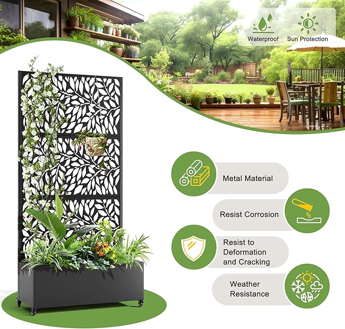 FENCY Metal Raised Garden Bed with Wheels and Trellis,73"x35"x16" Planter Box for Climbing Plants, Vegetables & Vines, Features Privacy Screen and Drainage Holes (Black-Leaf-2)