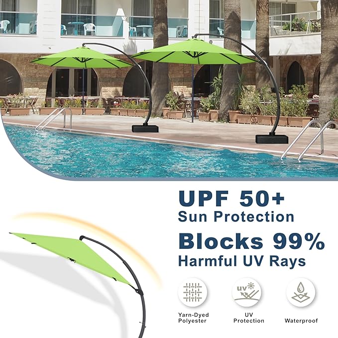 11FT Cantilever Umbrella with Base Large Curvy Outdoor Aluminum Offset Umbrella w/ 360° Rotation, UV Resistant Canopy for Patio, Garden, Backyard, Apple Green