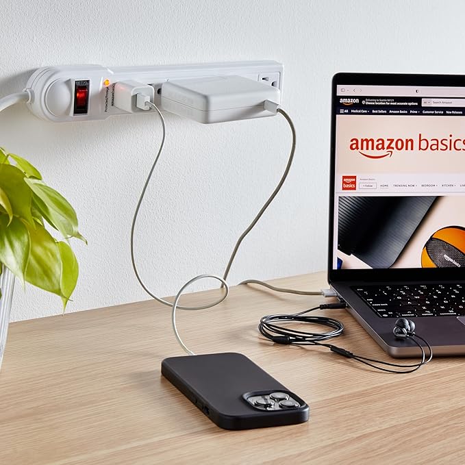 Amazon Basics Surge Protector Power Strip, 6-Outlet, 790 Joules, LED Indicator, 6ft Extension Cord, White