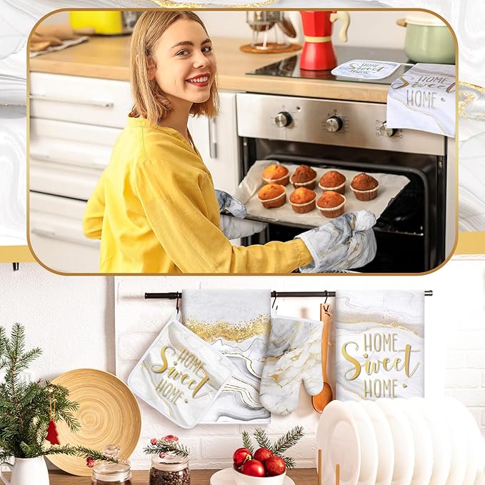Bencailor 6 Pcs Marble Kitchen Decor Gold Pot Holders Oven Mitts 2 Dish Towels 2 Farmhouse Cooking Mittens Oven Glove and Potholder for Baking Cooking Grilling Supply Accessories(White)