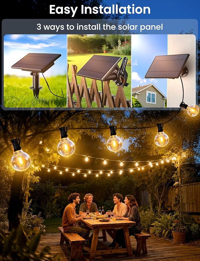 Brightever Solar String Lights Outdoor with Remote, 60FT 25+1 LED G40 Bulbs Shatterproof Patio Lights, IP65 Waterproof Dimmable Hanging Solar Power Globe LED Outdoor Lights for House, Market, Bistro