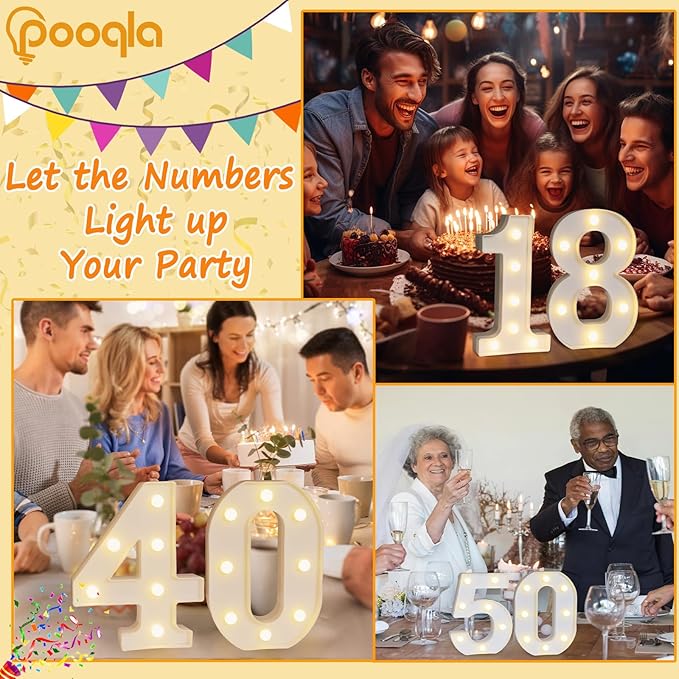 Pooqla Decorative LED Light Up Number Letters, White Plastic Marquee Number Lights Sign for 70th Birthday Party Wedding Decor, Battery Operated (70)
