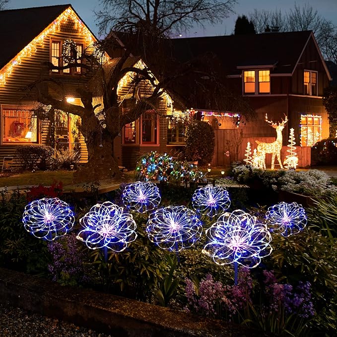 Christmas Solar Garden Lights for Outdoor Decor, Waterproof 2 Pack Solar Powered Firework Stake 120 LED Sparklers String Lights for Yard Pathway Halloween Christmas Decorations(Colorful)