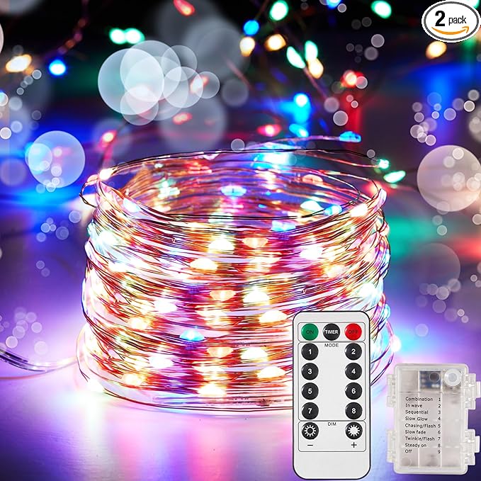 2 Pack 32.8 Ft. Battery Operated Outdoor String Lights with Remote & Timer, LED Multi Color Fairy Lights, Waterproof Twinkle Lights for Bedroom, Dorm, Mason Jar, Wedding, Party, Christmas