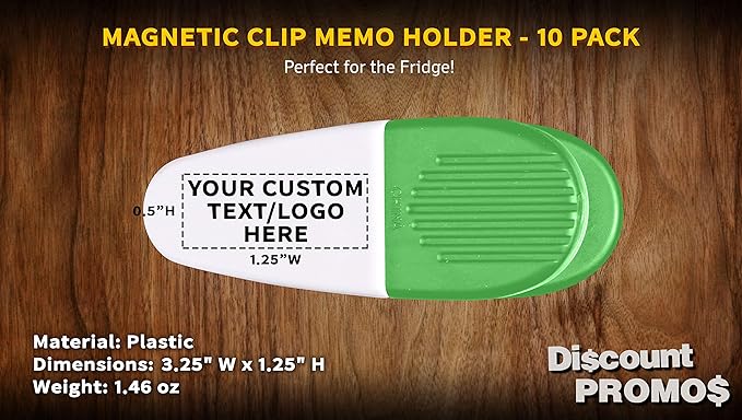 10 Magnetic Memo Holders Set - Customizable Text, Logo - Large Clip, Plastic - White Green