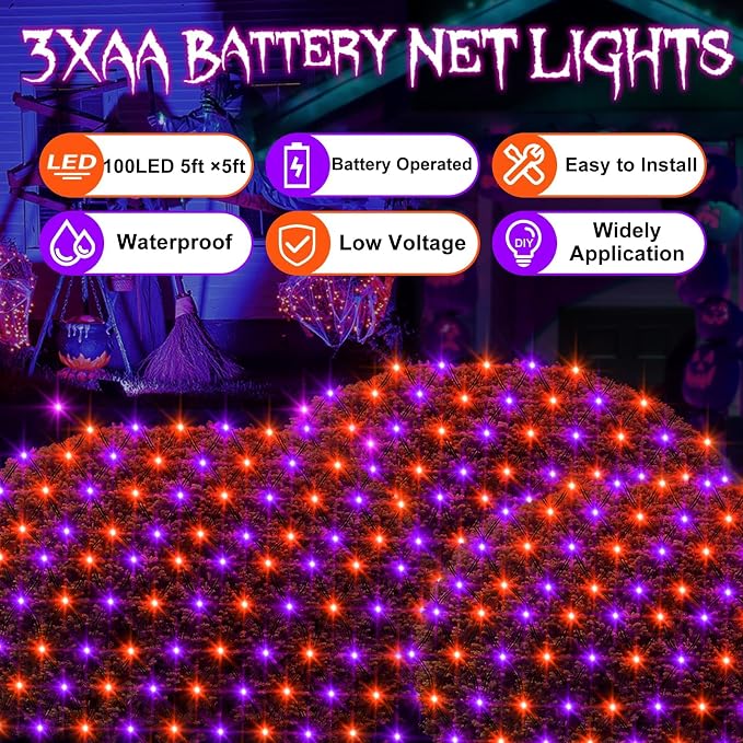 echosari Halloween Net Lights Battery Operated, 5ft ×5ft 100 LED Net Lights with Remote Timer Dimmable Garden Mesh Lighting for Bush Fence Wall Party Decor (Purple Orange)