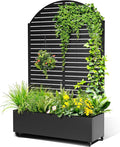 Metal Raised Garden Bed with Trellis, 2-in-1 Planter Box & Privacy Screen for Climbing Plants, Outdoor Standing Flower Bed with Drainage Holes, 47.2" L x 16.7" W x 70.8" H, Black-Louvered